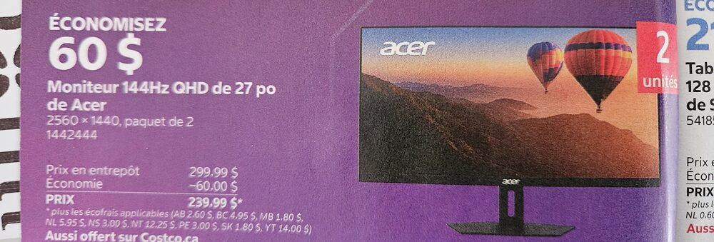 Costco: Acer 27" QHD 144Hz IPS Monitors (2560 x 1440), 2-pack - $299.99 ($150 each)