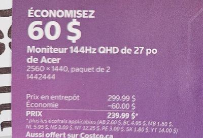 Costco: Acer 27" QHD 144Hz IPS Monitors (2560 x 1440), 2-pack - $299.99 ($150 each)