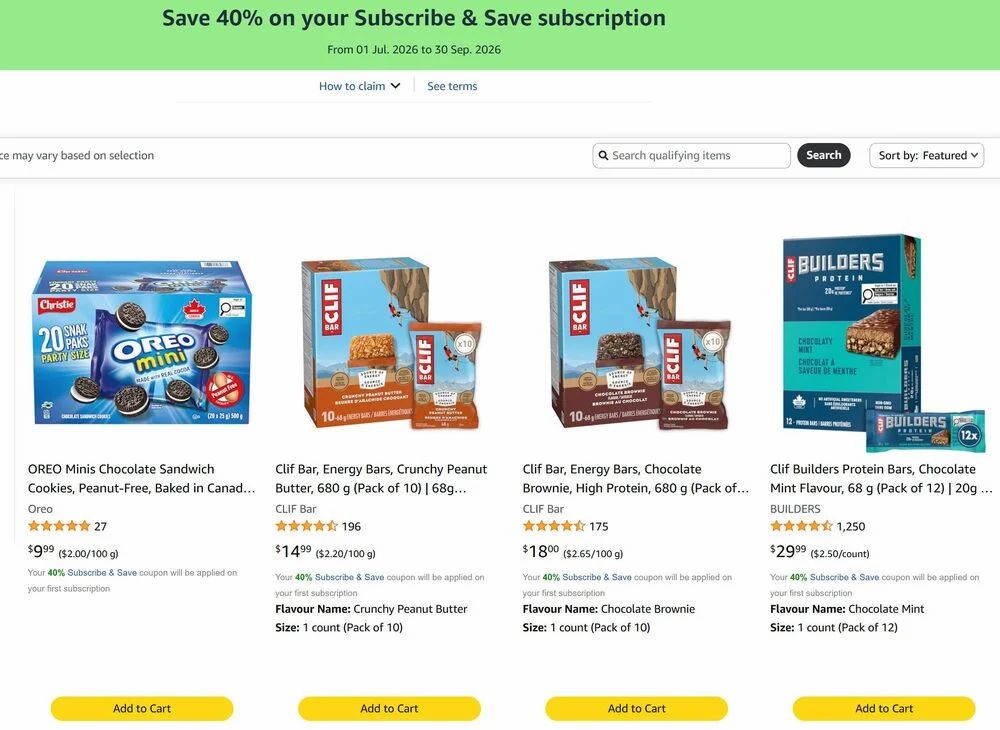 Amazon.ca: 40% off 1st S&S for Clif Bars, Oreo Mini Snak Paks (20x), Peek Freans Social Tea Amazon.ca: 40% off 1st S&S for Clif Bars, Oreo Mini Snak Paks (20x), Peek Freans Social Tea