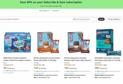 Amazon.ca: 40% off 1st S&S for Clif Bars, Oreo Mini Snak Paks (20x), Peek Freans Social Tea