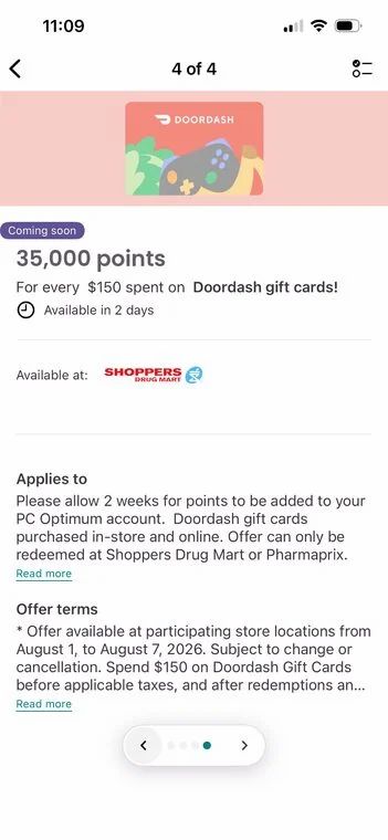 Shoppers Drug Mart: YMMV Door Dash Gift cards at Shoppers Drug Mart 35k PC points back