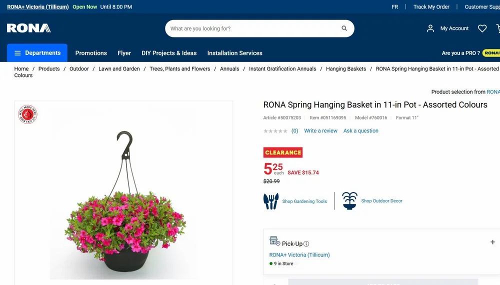 Rona+ Hanging Flower Baskets $5.25 (Reg. 20.99) YMMV Check availability Rona+ Hanging Flower Baskets $5.25 (Reg. 20.99) YMMV Check availability