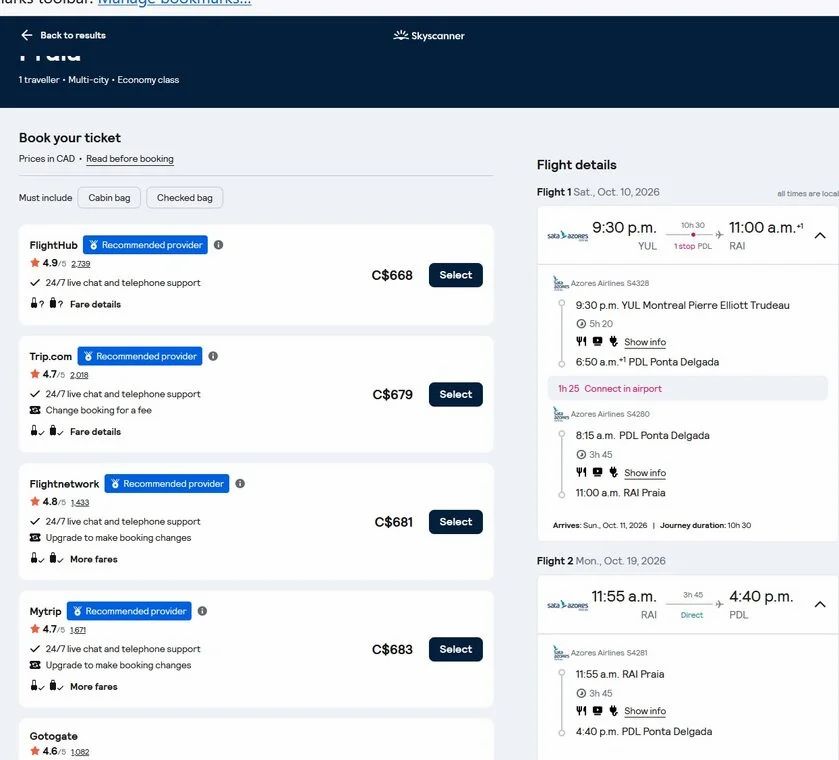 Azores Airlines: 2 in 1 trip. Cheap flights from Montreal to Cape Verde and Azores $668 Return Taxes included Azores Airlines: 2 in 1 trip. Cheap flights from Montreal to Cape Verde and Azores $668 Return Taxes included