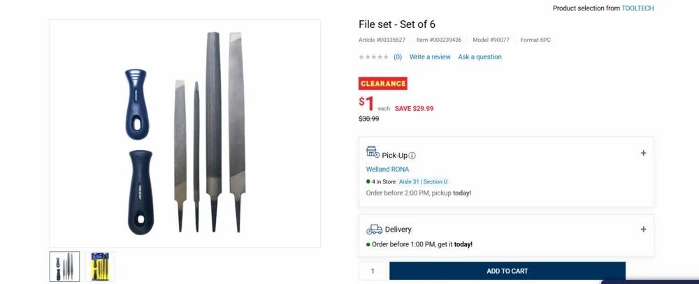 Rona: ToolTech File set - Set of 6 $1.00 (reg. $30.99) Only in Welland, ON Rona: ToolTech File set - Set of 6 $1.00 (reg. $30.99) Only in Welland, ON