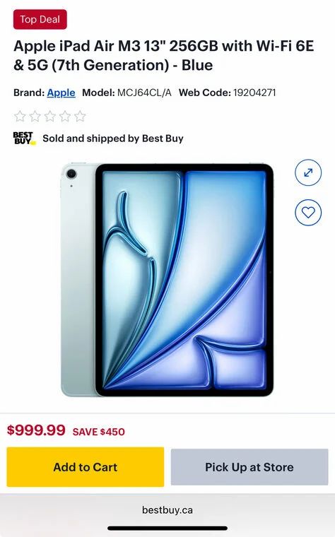 Best Buy: Apple iPad Air M3 13" 256GB with Wi-Fi 6E & 5G $999 Best Buy: Apple iPad Air M3 13" 256GB with Wi-Fi 6E & 5G $999