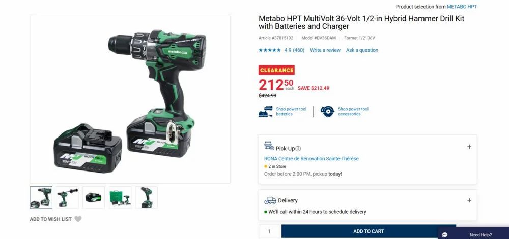 Rona: Metabo HPT MultiVolt 36-Volt 1/2-in Hybrid Hammer Drill Kit with Batteries and Charger $212.50 (reg. $425) Rona: Metabo HPT MultiVolt 36-Volt 1/2-in Hybrid Hammer Drill Kit with Batteries and Charger $212.50 (reg. $425)