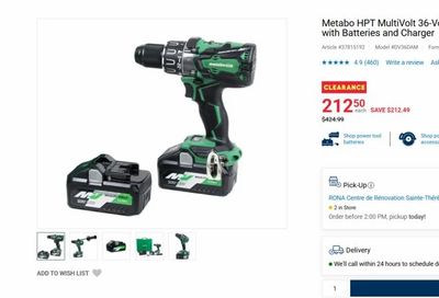 Rona: Metabo HPT MultiVolt 36-Volt 1/2-in Hybrid Hammer Drill Kit with Batteries and Charger $212.50 (reg. $425)