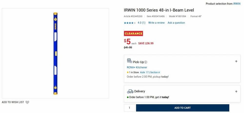 Rona: IRWIN 1000 Series 48-in I-Beam Level - Clearance - $5 Rona: IRWIN 1000 Series 48-in I-Beam Level - Clearance - $5