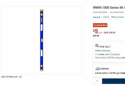 Rona: IRWIN 1000 Series 48-in I-Beam Level - Clearance - $5