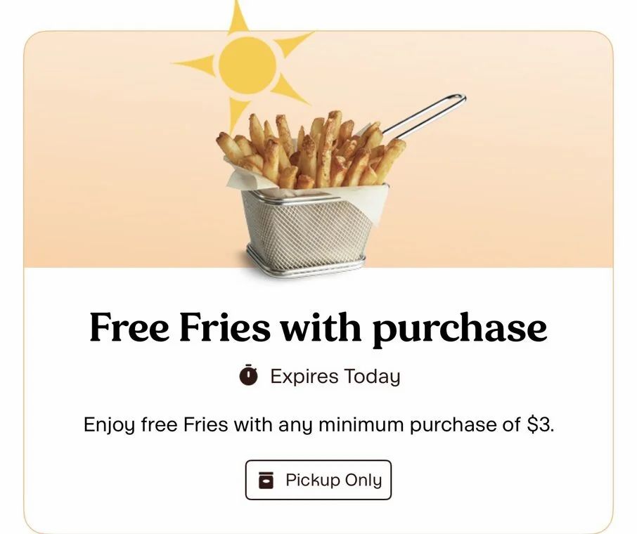 A&W: Free fries with $3+ purchase coupon today only participating locations YMMV