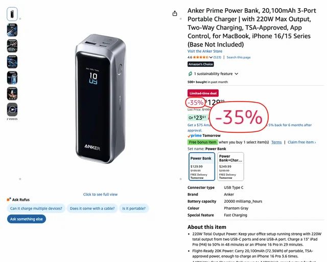 Anker Prime 20,100mAh, 220W power bank — C$129.99, about 35% off