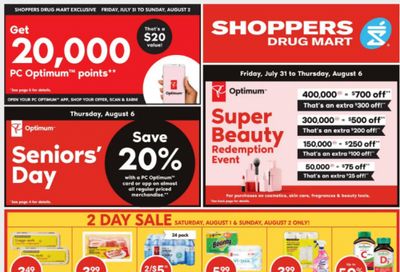 Shoppers Drug Mart Canada: Earn 20,000 PC Optimum Points July 31st to August 2nd + Super Beauty Redemption Event + More