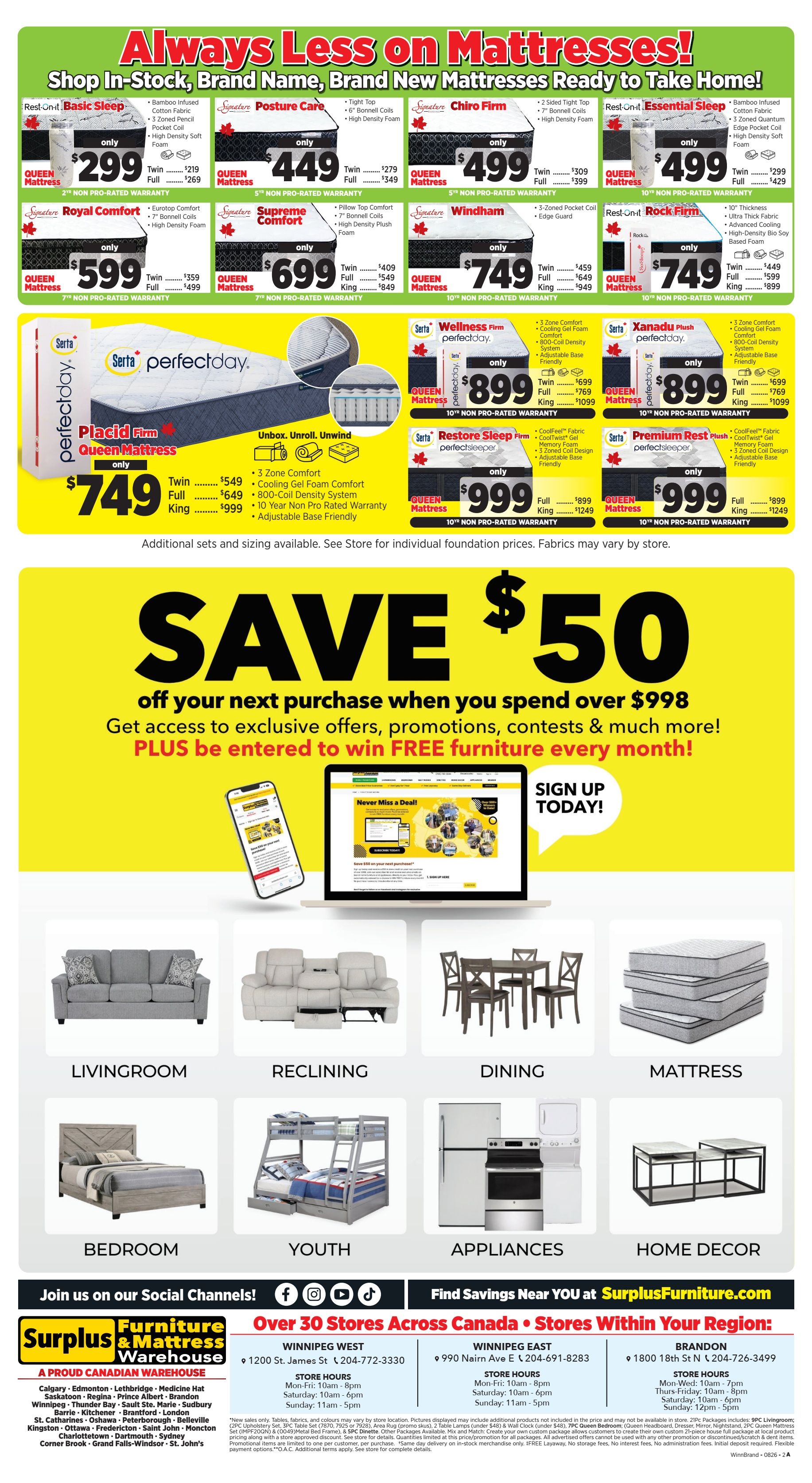 Surplus Furniture & Mattress Warehouse (Winnipeg, Brandon) Flyer August 3 to 23