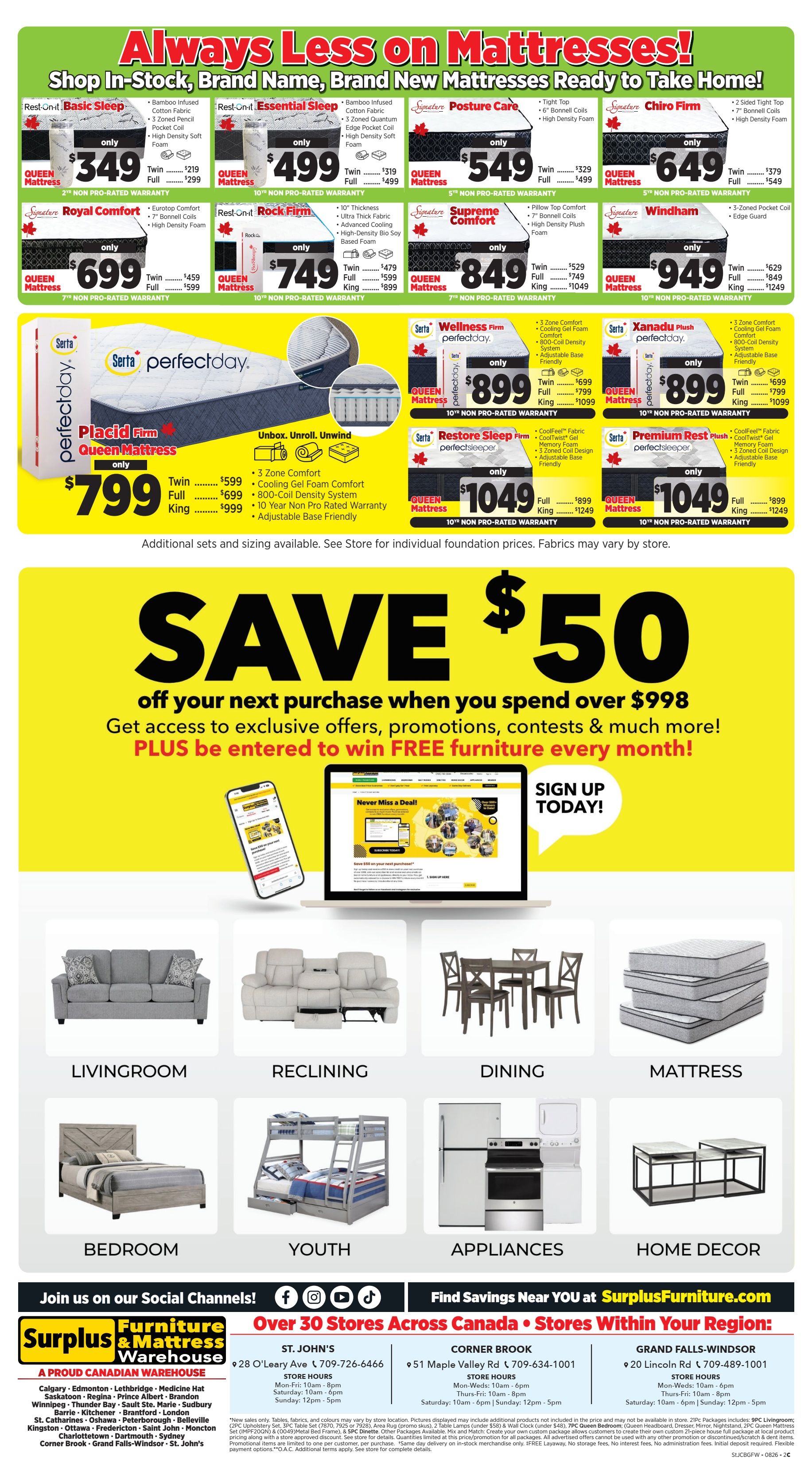 Surplus Furniture & Mattress Warehouse (St. John's, Corner Brook, Grand Falls Windsor) Flyer August 3 to 23
