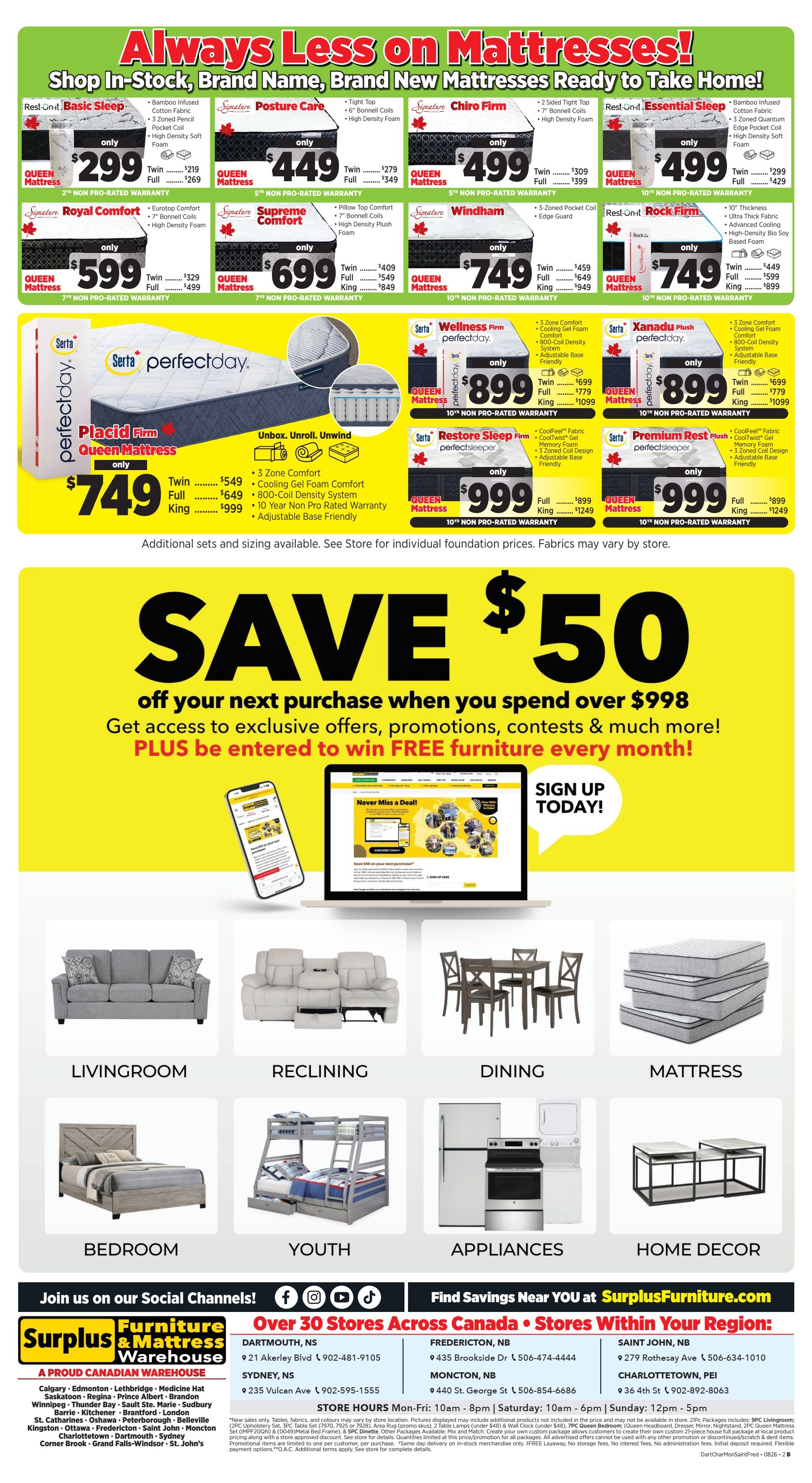 Surplus Furniture & Mattress Warehouse (Dartmouth, Charlottetown, Moncton, Saint John, Fredericton) Flyer August 3 to 23