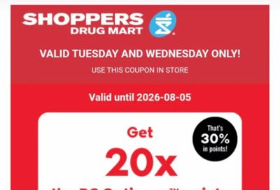 Shoppers Drug Mart Canada Text Offer: Get 20x The PC Optimum Points When You Spend $60 August 4th & 5th