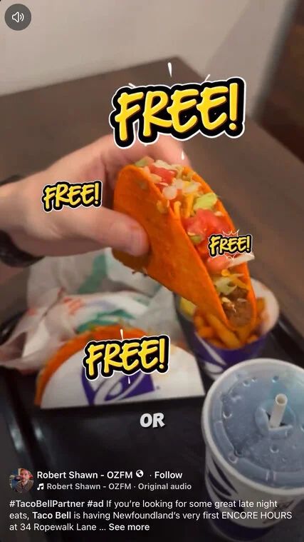 Taco Bell: NFLD St. John’s free Doritos Loco taco with $1 purchase “encore hours” 10pm-2am Wednesday August 5 Taco Bell: NFLD St. John’s free Doritos Loco taco with $1 purchase “encore hours” 10pm-2am Wednesday August 5