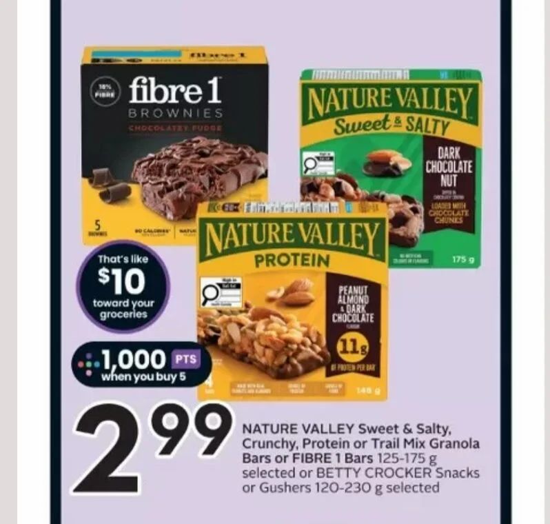 Sobeys: Nature Valley/Fibre 1 bars, Betty Crocker snacks, Buy 5 at $2.99 each and get 1000 Scene points worth $10 Sobeys: Nature Valley/Fibre 1 bars, Betty Crocker snacks, Buy 5 at $2.99 each and get 1000 Scene points worth $10