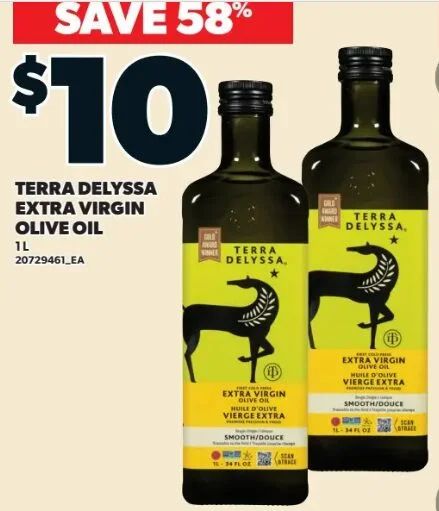 Loblaws: Terra Delyssa Premium Extra Virgin Olive Oil 1L $10.00 (reg. $20.00) August 6-12 Loblaws: Terra Delyssa Premium Extra Virgin Olive Oil 1L $10.00 (reg. $20.00) August 6-12