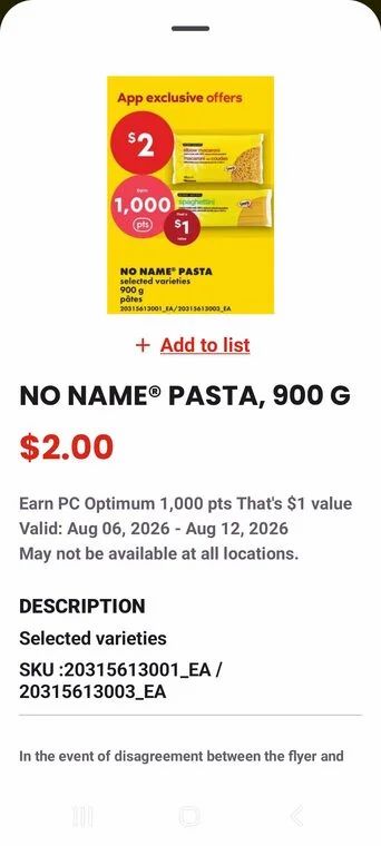 Nofrills: ON: Nofrills NN pasta 900g $1 net, after getting 1000 pc optimum points on your PC App...