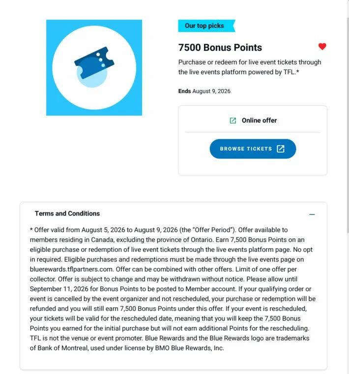 Blue Rewards: 7500 points when purchase/redeem for live event ticket. **YMMV free** Aug 5th-9th Blue Rewards: 7500 points when purchase/redeem for live event ticket. **YMMV free** Aug 5th-9th
