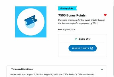 Blue Rewards: 7500 points when purchase/redeem for live event ticket. **YMMV free** Aug 5th-9th