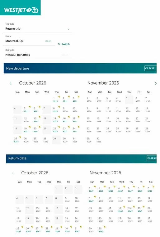WestJet: Montreal to Nassau Bahamas $460 CAD Return (1 Stop in Toronto) Ultra Basic Fare OCT / NOV 2026 WestJet: Montreal to Nassau Bahamas $460 CAD Return (1 Stop in Toronto) Ultra Basic Fare OCT / NOV 2026