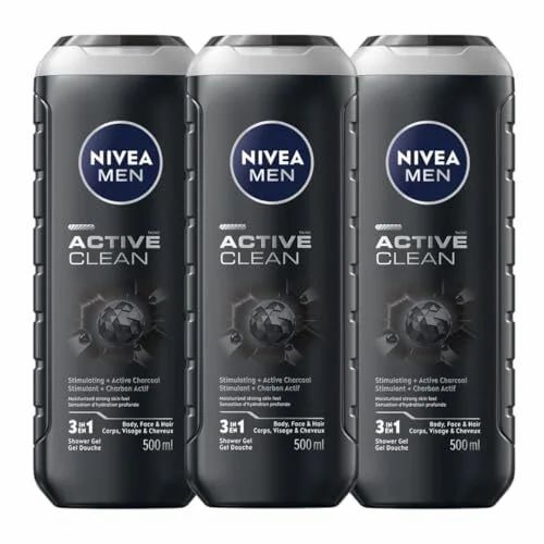 Amazon.ca: NIVEA MEN Active Clean 3-in-1 Shower Gel Bundle, Body Face Hair, 3x500ml - $9.35