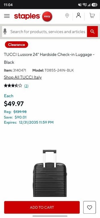 Staples: $49.97 - TUCCI Lussore 24" Hardside Check-in Luggage - Black Staples: $49.97 - TUCCI Lussore 24" Hardside Check-in Luggage - Black