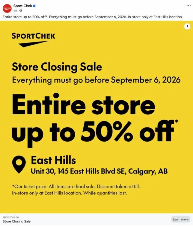 Sport Chek: YYC only - East Hills Sport Chek closing sale Sport Chek: YYC only - East Hills Sport Chek closing sale