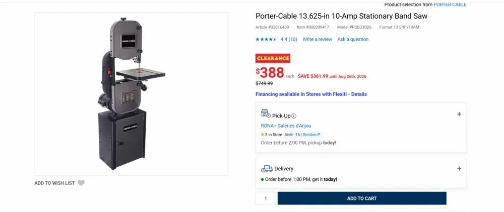 Rona: Porter-Cable 13.625-in 10-Amp Stationary Band Saw $388 (reg. $749.99) Rona: Porter-Cable 13.625-in 10-Amp Stationary Band Saw $388 (reg. $749.99)