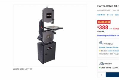 Rona: Porter-Cable 13.625-in 10-Amp Stationary Band Saw $388 (reg. $749.99)