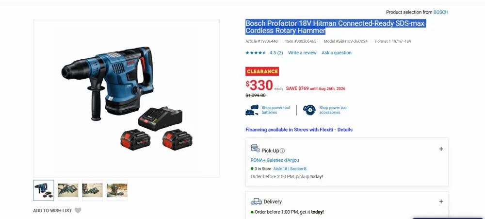 Rona: Bosch Profactor 18V Hitman Connected-Ready SDS-max Cordless Rotary Hammer $330 (reg. $1099.99) YMMV Rona: Bosch Profactor 18V Hitman Connected-Ready SDS-max Cordless Rotary Hammer $330 (reg. $1099.99) YMMV