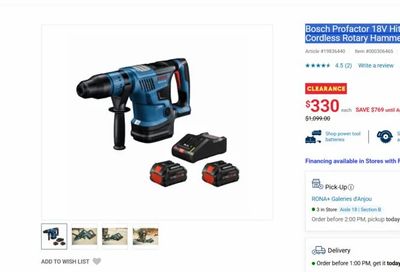 Rona: Bosch Profactor 18V Hitman Connected-Ready SDS-max Cordless Rotary Hammer $330 (reg. $1099.99) YMMV