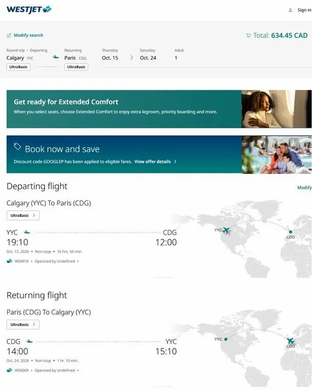 WestJet: Calgary to Paris, France (Direct) - $634 CAD Roundtrip (**Ultra Basic**) | Oct/Nov 2026 & Jan/Feb 2027 WestJet: Calgary to Paris, France (Direct) - $634 CAD Roundtrip (**Ultra Basic**) | Oct/Nov 2026 & Jan/Feb 2027