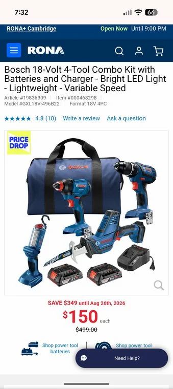 Rona: $150 Bosch 18-Volt 4-Tool Combo Kit with Batteries and Charger Rona: $150 Bosch 18-Volt 4-Tool Combo Kit with Batteries and Charger