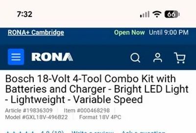 Rona: $150 Bosch 18-Volt 4-Tool Combo Kit with Batteries and Charger