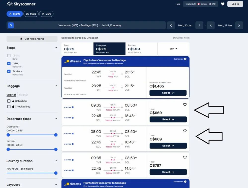 United: Vancouver (YVR) to Santiago, Chile (SCL) - $669 CAD Roundtrip JAN 2027 *2 STOPS IN USA* *BASIC FARE* United: Vancouver (YVR) to Santiago, Chile (SCL) - $669 CAD Roundtrip JAN 2027 *2 STOPS IN USA* *BASIC FARE*
