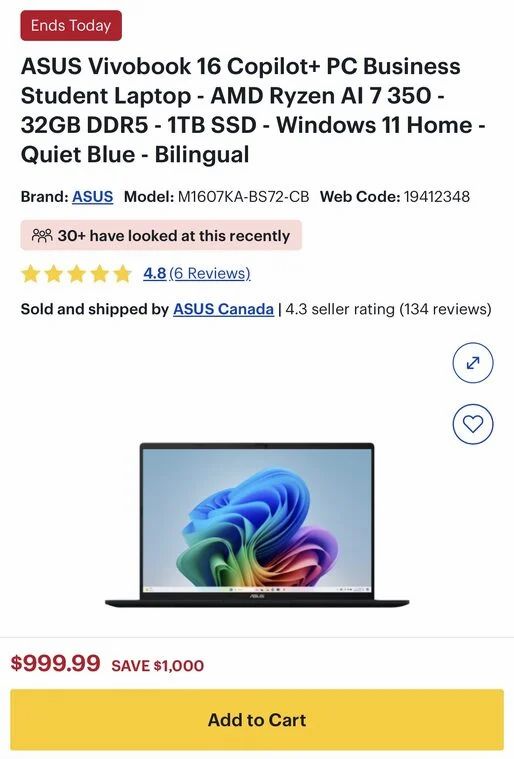 Best Buy: ASUS Vivobook 16 Laptop - AMD Ryzen AI 7 350 32GB DDR5 1TB SSD $999 Best Buy: ASUS Vivobook 16 Laptop - AMD Ryzen AI 7 350 32GB DDR5 1TB SSD $999