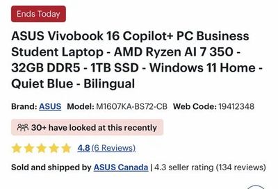 Best Buy: ASUS Vivobook 16 Laptop - AMD Ryzen AI 7 350 32GB DDR5 1TB SSD $999