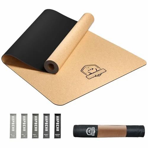 Amazon.ca: HAPBEAR Large Cork Yoga Mat with Resistance Bands & Carry Bag - $41.99 was $69.99