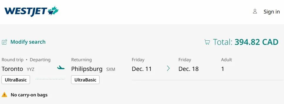 WestJet: Toronto (YYZ) to Sint Maarten (SXM), return trip for 395CAD (Westjet, UltraBasic fare) WestJet: Toronto (YYZ) to Sint Maarten (SXM), return trip for 395CAD (Westjet, UltraBasic fare)