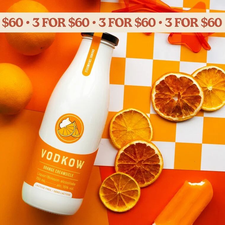 Vodkow Canadian Cream Liqueur Summer Flavours 3 x 750 mL Bottles for $60 Vodkow Canadian Cream Liqueur Summer Flavours 3 x 750 mL Bottles for $60