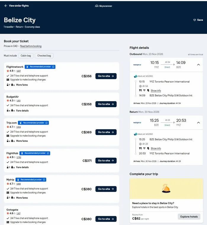 WestJet: Toronto (YYZ) to Belize City (BZE) - $356 CAD Roundtrip (Non-stop) NOV and DEC 2026 **Ultra Basic Fare** WestJet: Toronto (YYZ) to Belize City (BZE) - $356 CAD Roundtrip (Non-stop) NOV and DEC 2026 **Ultra Basic Fare**