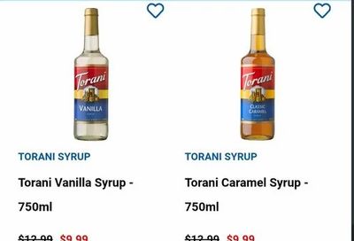 London Drugs: Torani Syrup & Sugar-Free Syrup - 750ml | Vanilla/Caramel/Vanilla Sugar-Free/Brown-Sugar Cinnamon Sugar-Free | $9.99