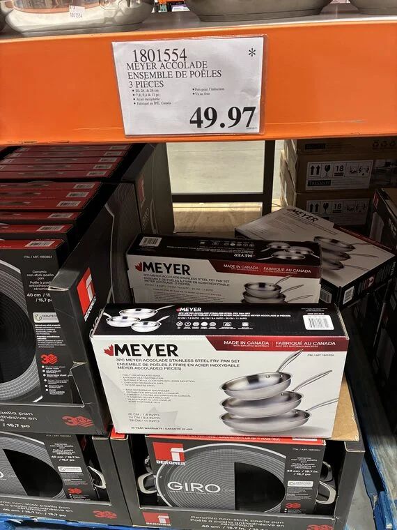 Costco: Meyer Accolade Stainless Steel Skillets, 3-pieces ($49.97 in warehouse YMMV) $59.97 online Costco: Meyer Accolade Stainless Steel Skillets, 3-pieces ($49.97 in warehouse YMMV) $59.97 online