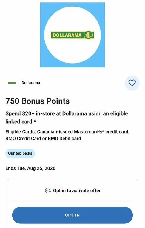 Dollarama: Flash Offer: 750 Bonus Points When You Spend $20+ at Dollarama with linked Mastercard or BMO CC/Debit Card (Aug 18-25)