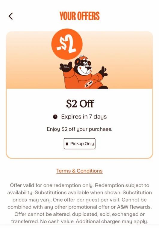 A&W: $2 off app coupon ($2+ minimum purchase) - targeted?