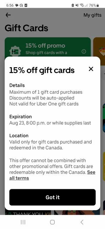 Ubereats/Uber: Ubereats gift card 15% off via ubereats app Ubereats/Uber: Ubereats gift card 15% off via ubereats app