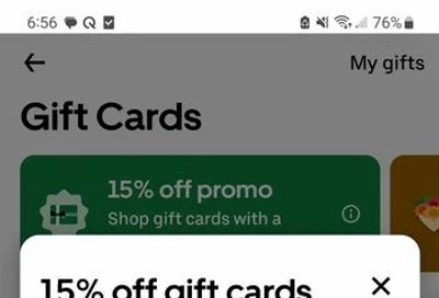 Ubereats/Uber: Ubereats gift card 15% off via ubereats app
